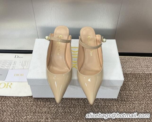 Stylish Dior Jolie Heeled Mules 7cm in Beige Patent Calfskin with Pearls 702059