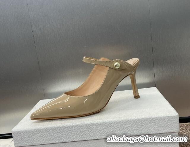 Stylish Dior Jolie Heeled Mules 7cm in Beige Patent Calfskin with Pearls 702059