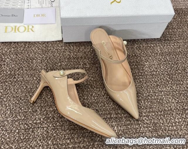 Stylish Dior Jolie Heeled Mules 7cm in Beige Patent Calfskin with Pearls 702059