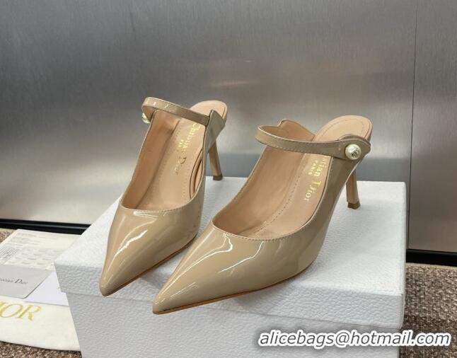 Stylish Dior Jolie Heeled Mules 7cm in Beige Patent Calfskin with Pearls 702059