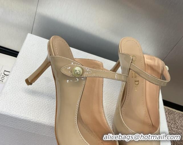 Stylish Dior Jolie Heeled Mules 7cm in Beige Patent Calfskin with Pearls 702059