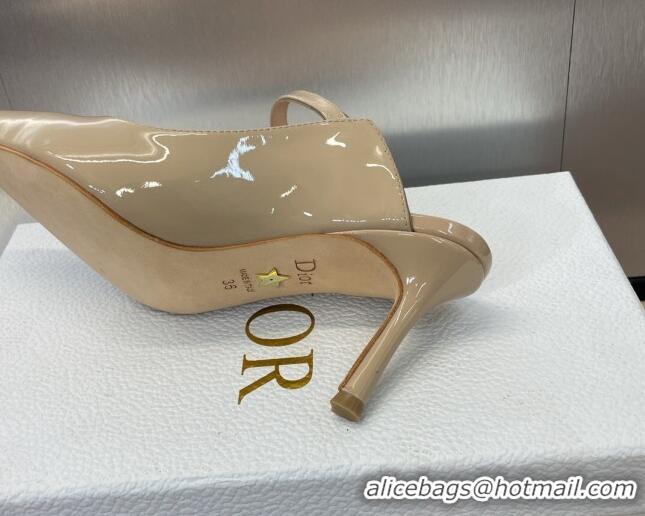 Stylish Dior Jolie Heeled Mules 7cm in Beige Patent Calfskin with Pearls 702059