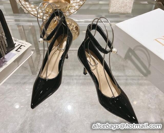 Luxury Dior Tribales Pumps 8.5cm with Pearl Ankle Strap in Patent Calfskin Black 702060