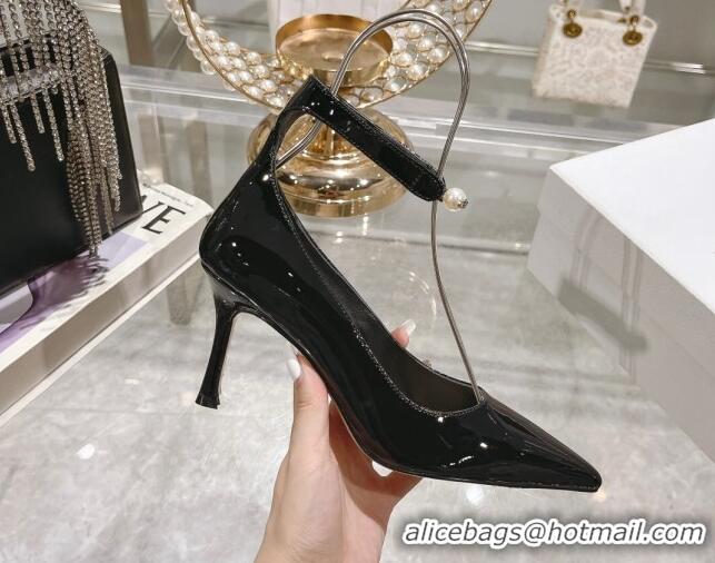 Luxury Dior Tribales Pumps 8.5cm with Pearl Ankle Strap in Patent Calfskin Black 702060