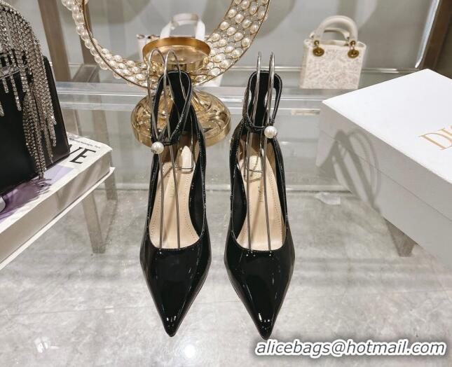 Luxury Dior Tribales Pumps 8.5cm with Pearl Ankle Strap in Patent Calfskin Black 702060