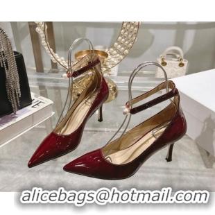 Top Design Dior Tribales Pumps 8.5cm with Pearl Ankle Strap in Patent Calfskin Red 702061