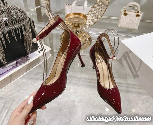 Top Design Dior Tribales Pumps 8.5cm with Pearl Ankle Strap in Patent Calfskin Red 702061