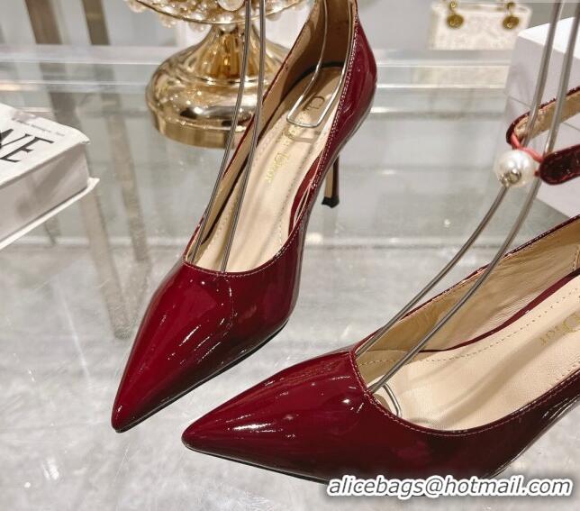 Top Design Dior Tribales Pumps 8.5cm with Pearl Ankle Strap in Patent Calfskin Red 702061