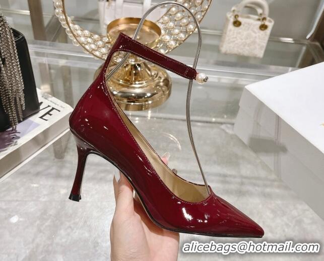 Top Design Dior Tribales Pumps 8.5cm with Pearl Ankle Strap in Patent Calfskin Red 702061