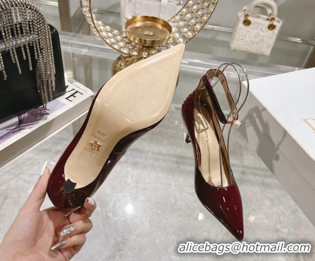 Top Design Dior Tribales Pumps 8.5cm with Pearl Ankle Strap in Patent Calfskin Red 702061