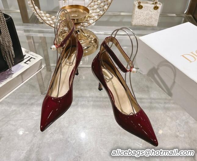 Top Design Dior Tribales Pumps 8.5cm with Pearl Ankle Strap in Patent Calfskin Red 702061