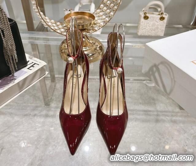 Top Design Dior Tribales Pumps 8.5cm with Pearl Ankle Strap in Patent Calfskin Red 702061