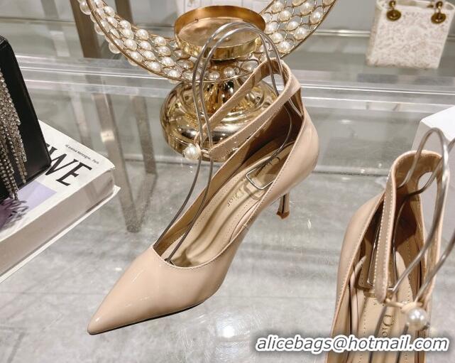 Big Discount Dior Tribales Pumps 8.5cm with Pearl Ankle Strap in Patent Calfskin Nude 702062