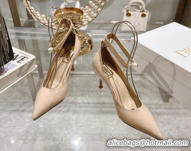 Big Discount Dior Tribales Pumps 8.5cm with Pearl Ankle Strap in Patent Calfskin Nude 702062