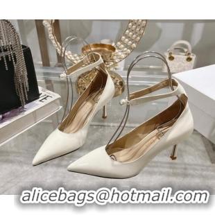 Charming Dior Tribales Pumps 8.5cm with Pearl Ankle Strap in Patent Calfskin White 702063