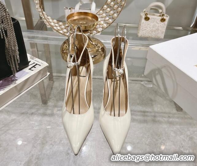 Charming Dior Tribales Pumps 8.5cm with Pearl Ankle Strap in Patent Calfskin White 702063