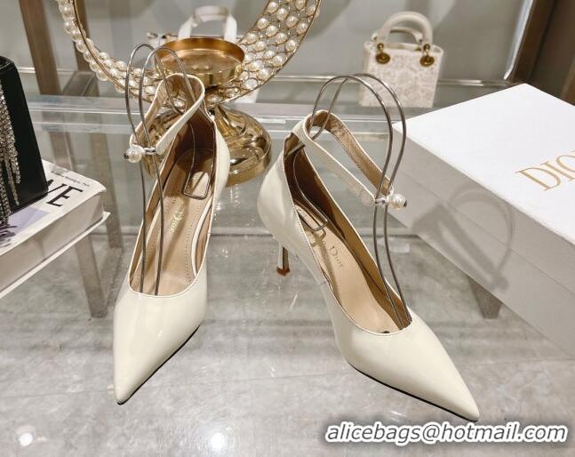 Charming Dior Tribales Pumps 8.5cm with Pearl Ankle Strap in Patent Calfskin White 702063