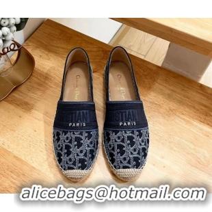 Good Quality Dior Granville Espadrilles Flat in Blue Cotton Denim Embroidered with Oblique Motif 702066