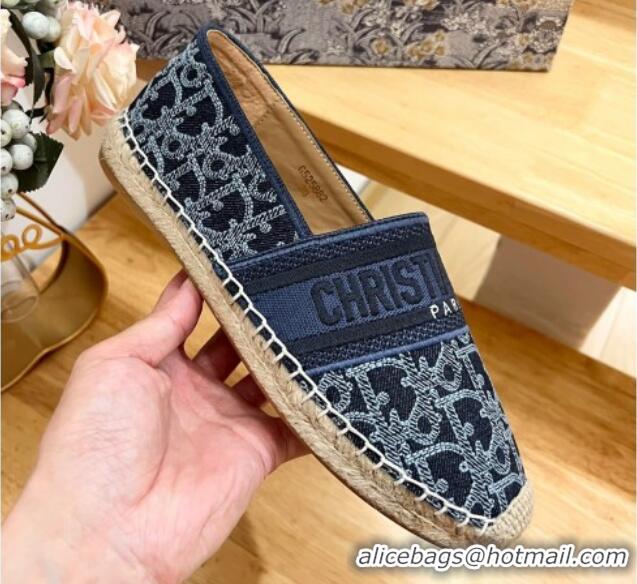 Good Quality Dior Granville Espadrilles Flat in Blue Cotton Denim Embroidered with Oblique Motif 702066