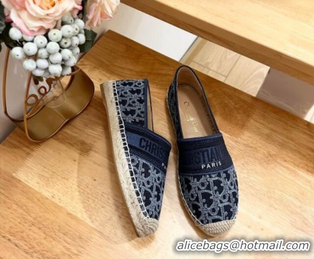 Good Quality Dior Granville Espadrilles Flat in Blue Cotton Denim Embroidered with Oblique Motif 702066