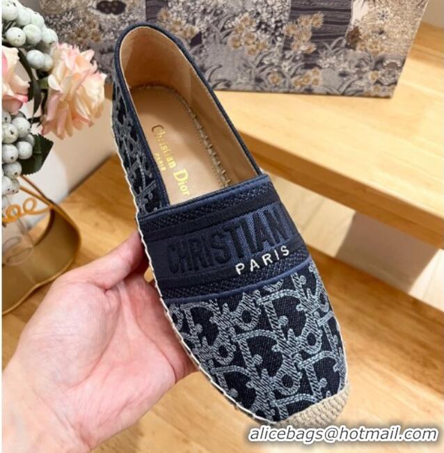 Good Quality Dior Granville Espadrilles Flat in Blue Cotton Denim Embroidered with Oblique Motif 702066