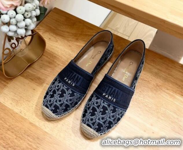 Good Quality Dior Granville Espadrilles Flat in Blue Cotton Denim Embroidered with Oblique Motif 702066