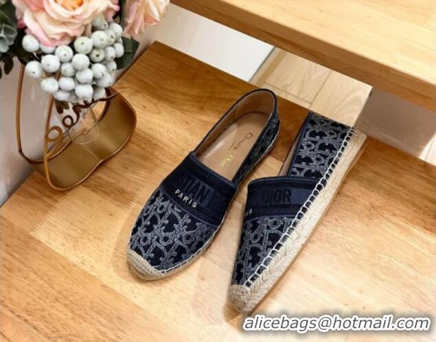 Good Quality Dior Granville Espadrilles Flat in Blue Cotton Denim Embroidered with Oblique Motif 702066