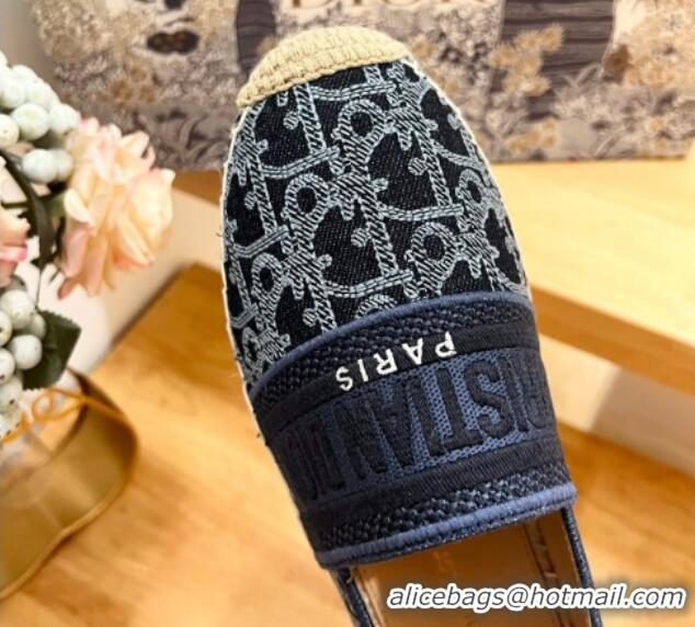 Good Quality Dior Granville Espadrilles Flat in Blue Cotton Denim Embroidered with Oblique Motif 702066