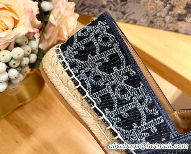 Good Quality Dior Granville Espadrilles Flat in Blue Cotton Denim Embroidered with Oblique Motif 702066