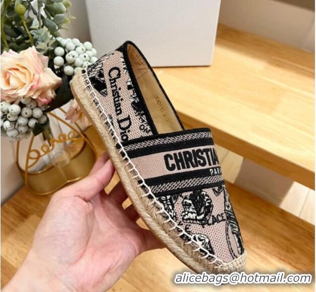 Duplicate Dior Granville Espadrilles Flat in Beige and Black Cotton Embroidered with Plan de Paris Motif 702067