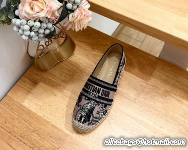 Duplicate Dior Granville Espadrilles Flat in Beige and Black Cotton Embroidered with Plan de Paris Motif 702067