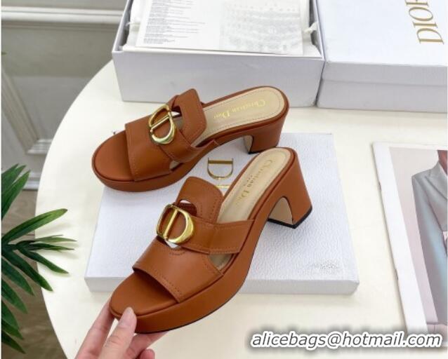 Pretty Style Dior 30 Montaigne Platform Slides Sandal 7cm in Calfskin Brown 702069