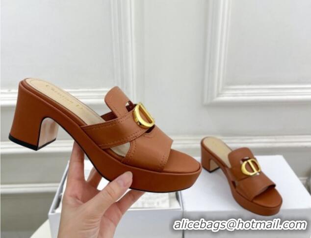 Pretty Style Dior 30 Montaigne Platform Slides Sandal 7cm in Calfskin Brown 702069