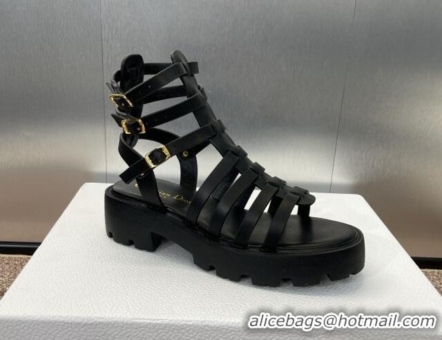 Fashion Dior Bay Platform Sandals 4.5cm with Buckle Strap in Black Calfskin 702086