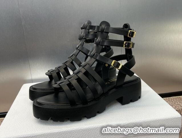 Fashion Dior Bay Platform Sandals 4.5cm with Buckle Strap in Black Calfskin 702086