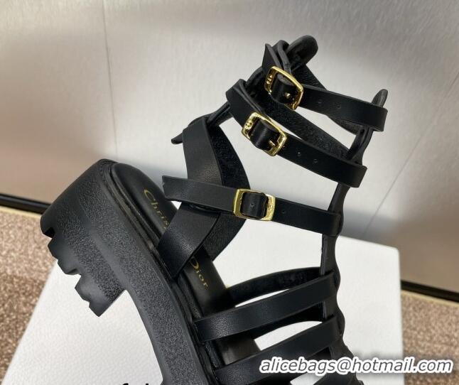 Fashion Dior Bay Platform Sandals 4.5cm with Buckle Strap in Black Calfskin 702086