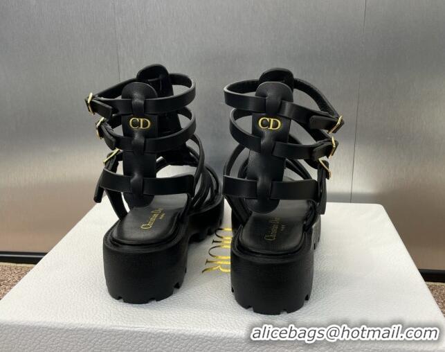 Fashion Dior Bay Platform Sandals 4.5cm with Buckle Strap in Black Calfskin 702086