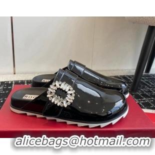 Best Grade Roger Vivier Crystals Buckle Mules in Patent Leather Black 321112