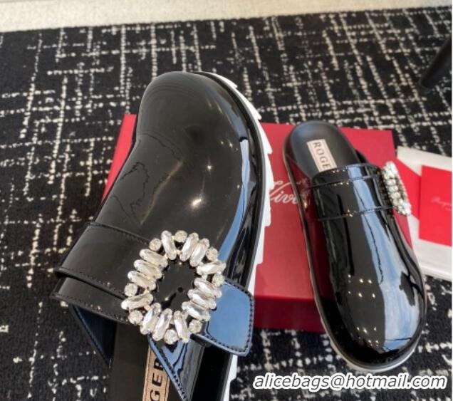 Best Grade Roger Vivier Crystals Buckle Mules in Patent Leather Black 321112