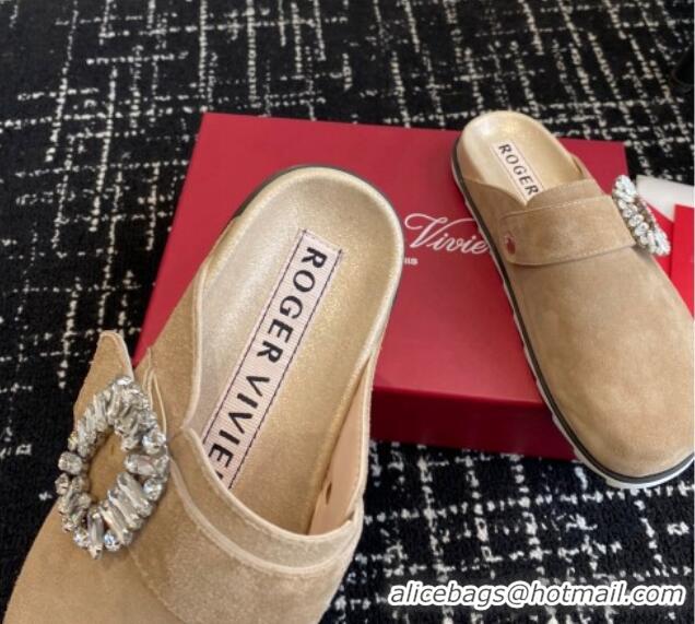 Sumptuous Roger Vivier Crystals Buckle Mules in Suede Camel 21113