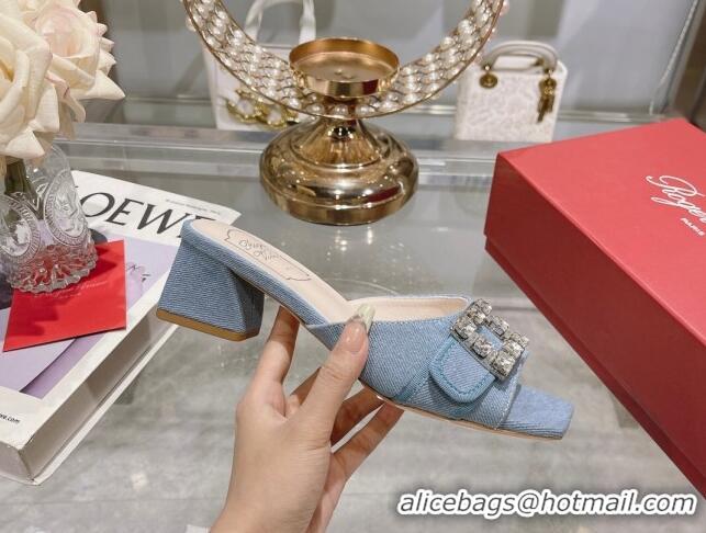 Purchase Roger Vivier Très Vivier Strass Buckle Heel Slide Sandals 4.5cm in Blue Denim 0506138