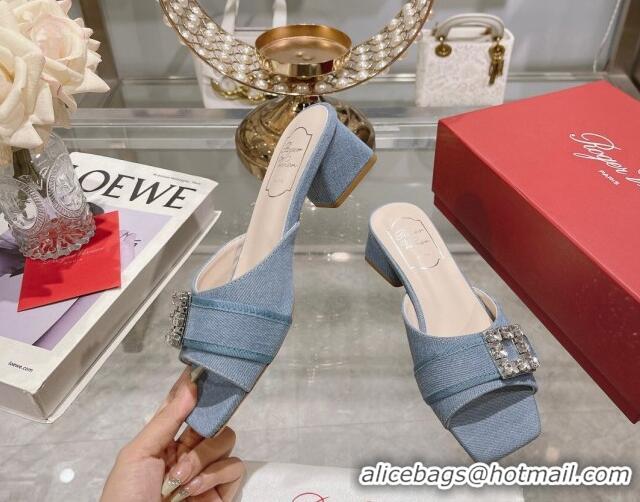 Purchase Roger Vivier Très Vivier Strass Buckle Heel Slide Sandals 4.5cm in Blue Denim 0506138