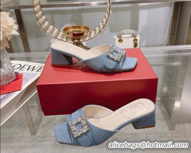 Purchase Roger Vivier Très Vivier Strass Buckle Heel Slide Sandals 4.5cm in Blue Denim 0506138