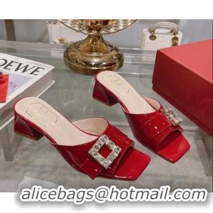 Best Price Roger Vivier Très Vivier Strass Buckle Heel Slide Sandals 4.5cm in Patent Leather Red 0506139