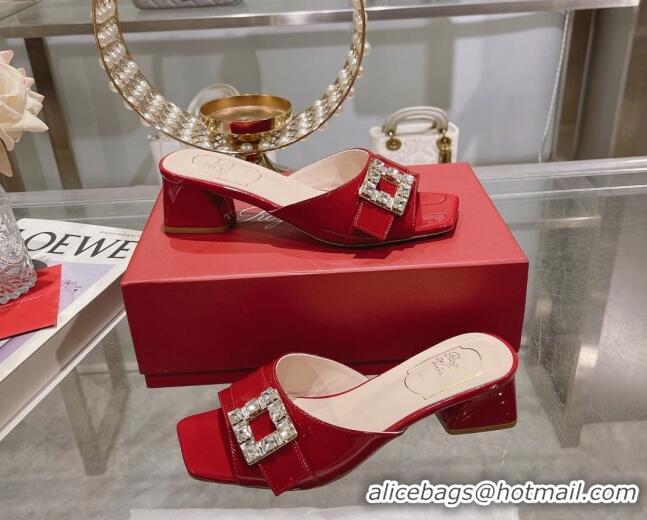 Best Price Roger Vivier Très Vivier Strass Buckle Heel Slide Sandals 4.5cm in Patent Leather Red 0506139