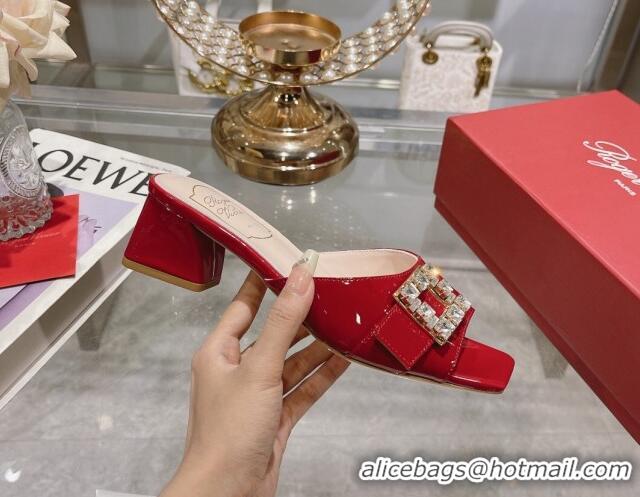 Best Price Roger Vivier Très Vivier Strass Buckle Heel Slide Sandals 4.5cm in Patent Leather Red 0506139