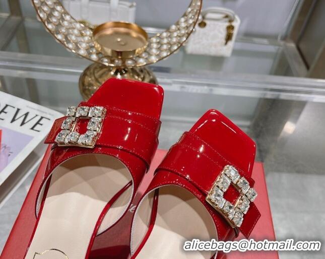 Best Price Roger Vivier Très Vivier Strass Buckle Heel Slide Sandals 4.5cm in Patent Leather Red 0506139