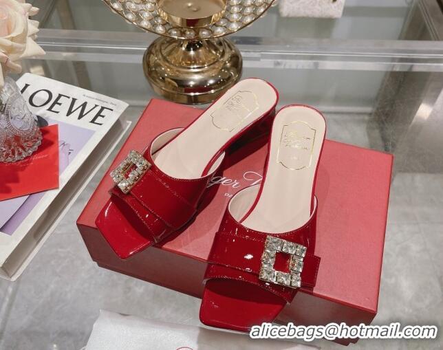 Best Price Roger Vivier Très Vivier Strass Buckle Heel Slide Sandals 4.5cm in Patent Leather Red 0506139