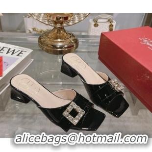 Good Quality Roger Vivier Très Vivier Strass Buckle Heel Slide Sandals 4.5cm in Patent Leather Black 0506140