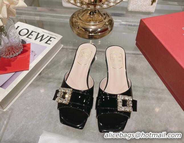 Good Quality Roger Vivier Très Vivier Strass Buckle Heel Slide Sandals 4.5cm in Patent Leather Black 0506140